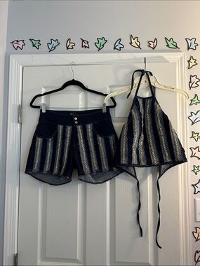 Navy Striped Denim Halter Top & Shorts Set